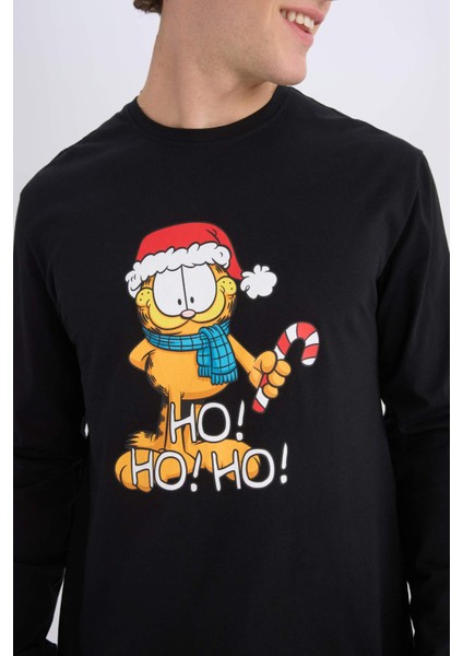 Garfield Yılbaşı Temalı Pijama Takımı Bisiklet Yaka Uzun Kollu Üst Uzun Alt D8334AX24WN