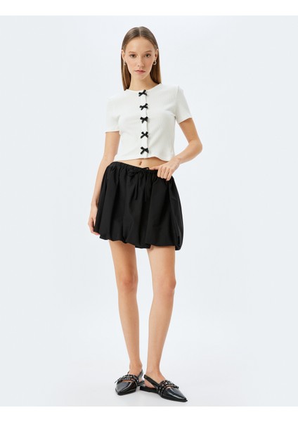 Kısa Kollu Slim Fit Bisiklet Yaka Fitilli Fiyonklu Hırka