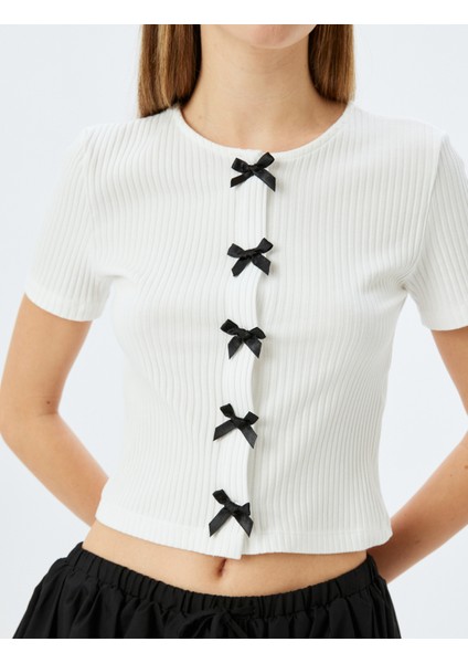 Kısa Kollu Slim Fit Bisiklet Yaka Fitilli Fiyonklu Hırka