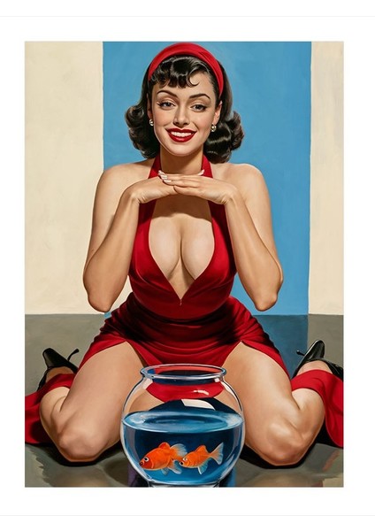 Kırmızı Elbiseli Pin Up Kadın ve Balık Modern Mdf Tablo 35CM X50CM