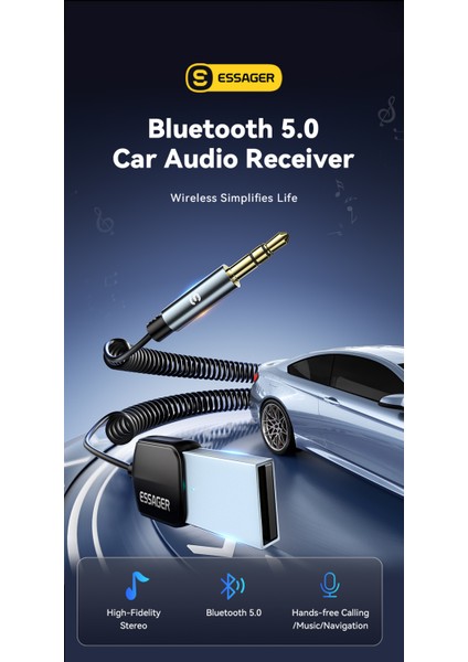 EB01 Bluetooth Aux Mikrofonlu Hi-Fi Ses 3.5mm 5.0 Verici CE/FC/ROHS Lisanslı Yeni Nesil Son Teknoloji Bluetooth Aux Araç Kiti Navigasyon Destekli