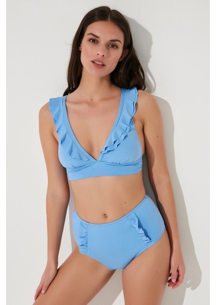 Blue Windy Deep Frill Bikini Üstü