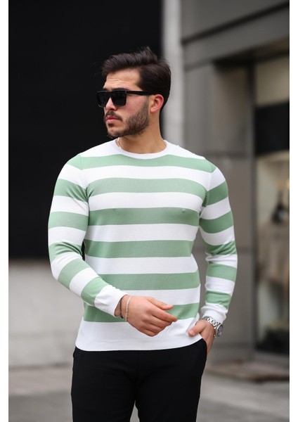 Örme Çizgili Bisiklet Yaka Ince Triko Erkek Kazak - Yesil
