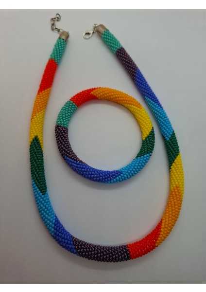 Hapishaneişi El Yapımı Renkli Boncuk Kolye ve Bileklik 2'li Takım