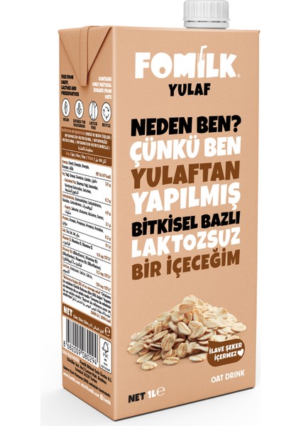 Yulaf Sütü 1 L Bitkisel Bazlı Laktozsuz Vegan