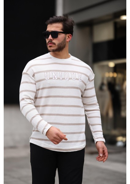 Unique Baskılı Çizgili Erkek Sweatshirt - Bej