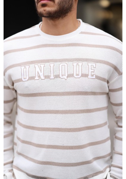 Unique Baskılı Çizgili Erkek Sweatshirt - Bej