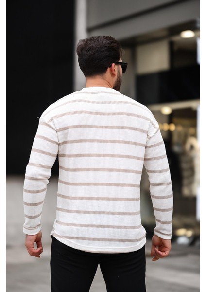 Unique Baskılı Çizgili Erkek Sweatshirt - Bej