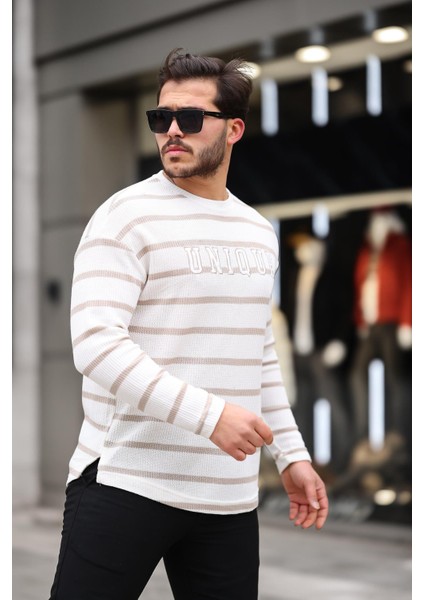 Unique Baskılı Çizgili Erkek Sweatshirt - Bej