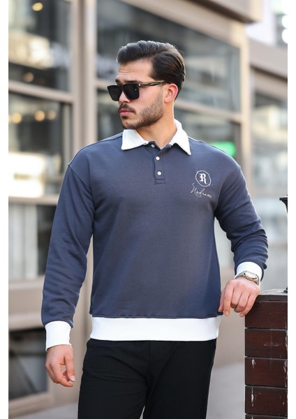 Polo Yaka Düğmeli Nakışlı Sweatshirt - Füme