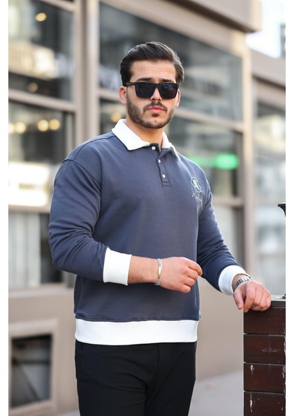 Polo Yaka Düğmeli Nakışlı Sweatshirt - Füme