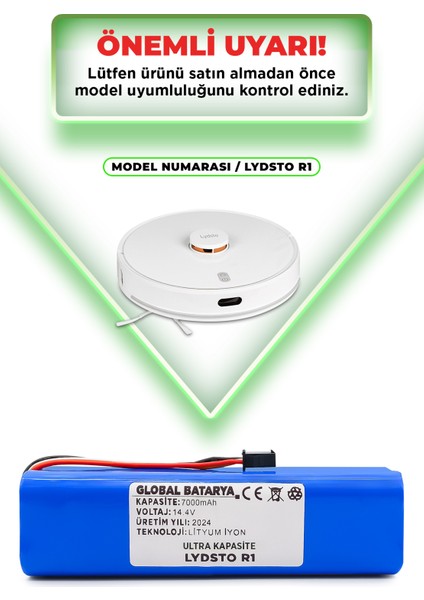 Lydsto R1 Vacuum Uyumlu Akıllı Robot Süpürge Bataryası 14.4V 7000MAH Li-Ion Pil (Ultra Kapasite)