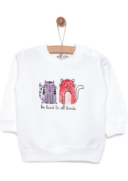 Basic Az Şardonlu Kedi Desenli Sweatshirt Kız Bebek