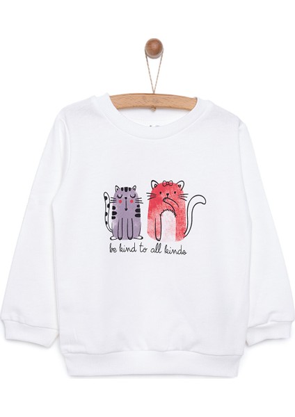 Basic Az Şardonlu Kedi Desenli Sweatshirt Kız Bebek
