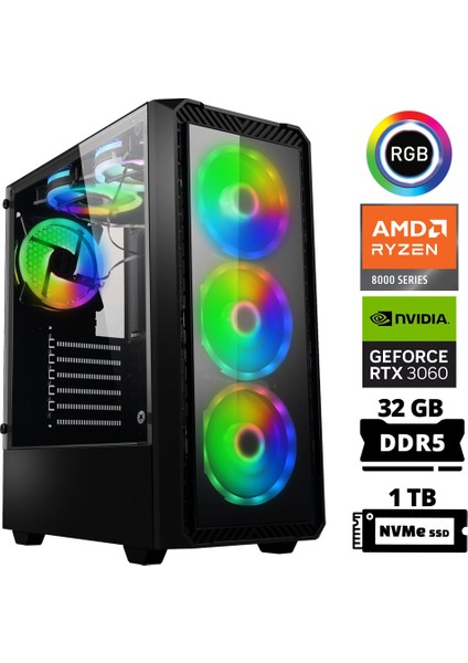 Delux X20 Ryzen 5 8400F 32GB Ddr5 Ram 1tb M.2 Nvme SSD 12GB RTX3060 Masaüstü Oyuncu Bilgisayarı