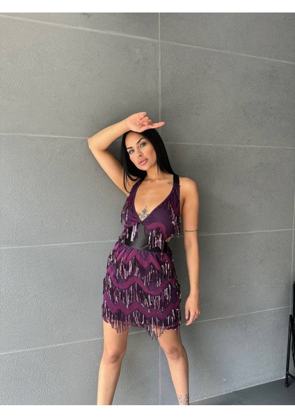 Saten Detaylı Saçaklı Mini Elbise modelleri