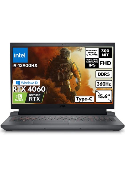 G15 5530 I9-13900HX 16-Gbddr5 512 Gbssd SSD Rtx 4060 15.6" Fhd Windows 10 Home Taşınabilir Bilgisayar G155530017U BT49