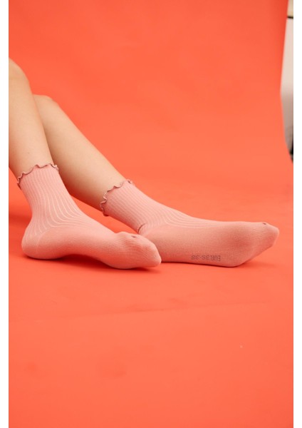 Kadın Renkli Bileği Fırfırlı Simli Soket Çorap Pembe