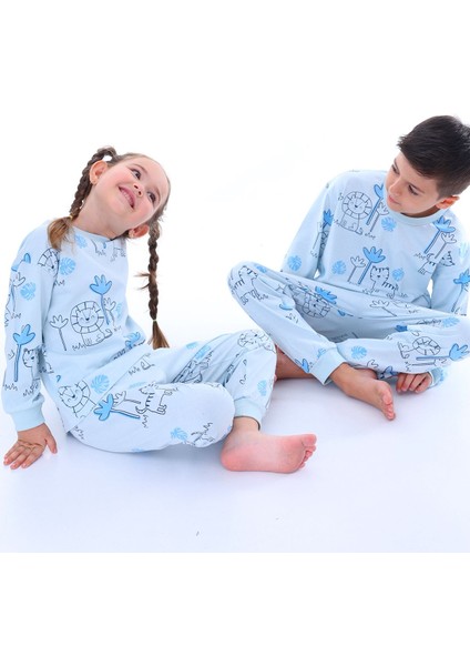 Lion Tiger Mavi Desenli Erkek Çocuk Pijama Takımı modelleri