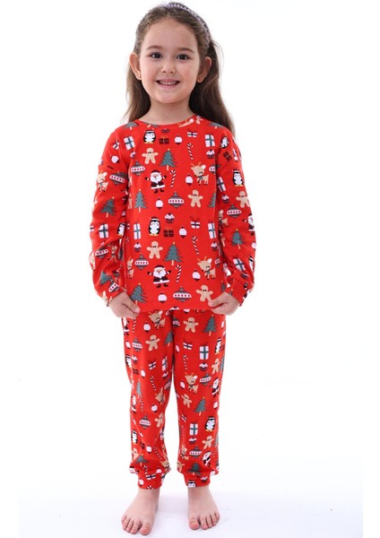 Yılbaşı Temalı Kırmızı %100 Pamuk Interlok Kumaş Kız-Erkek Çocuk Pijama Takımı 3-8 Yaş fırsatları