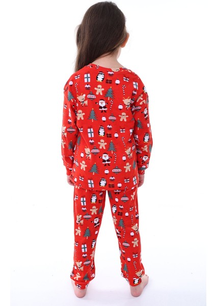 Yılbaşı Temalı Kırmızı %100 Pamuk Interlok Kumaş Kız-Erkek Çocuk Pijama Takımı 3-8 Yaş indirimleri
