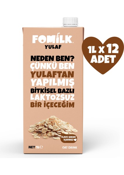 Yulaf Sütü 1 L X12 Bitkisel Bazlı Laktozsuz Vegan