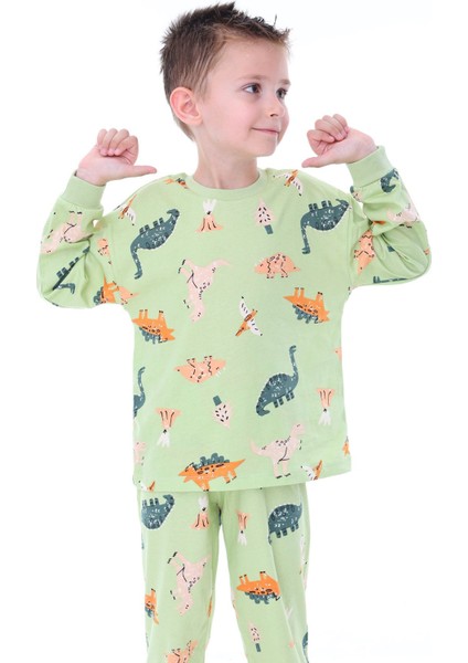 Dino Desenli Yeşil Erkek Pijama Takımı fırsatları