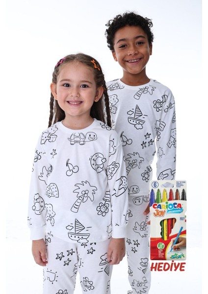 Uzun Kollu En Sevimli Figürleri ile Boyama Kalemi Hediyeli Boyanabilir Çocuk Pijama Takımı fiyatları