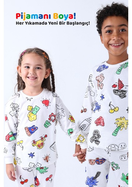 Uzun Kollu En Sevimli Figürleri ile Boyama Kalemi Hediyeli Boyanabilir Çocuk Pijama Takımı fırsatları