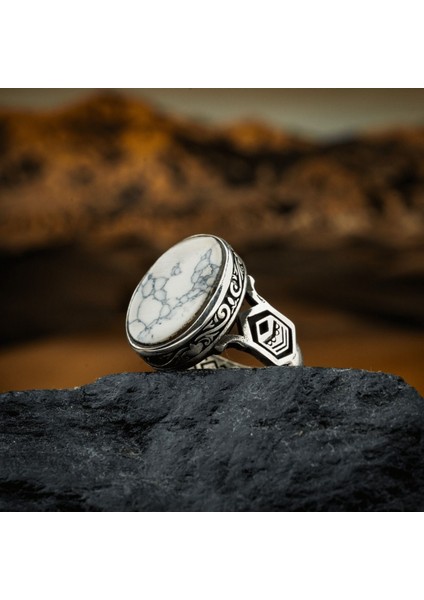 Beyaz Havlit Taşı Gümüş 925 Ayar Erkek Yüzük