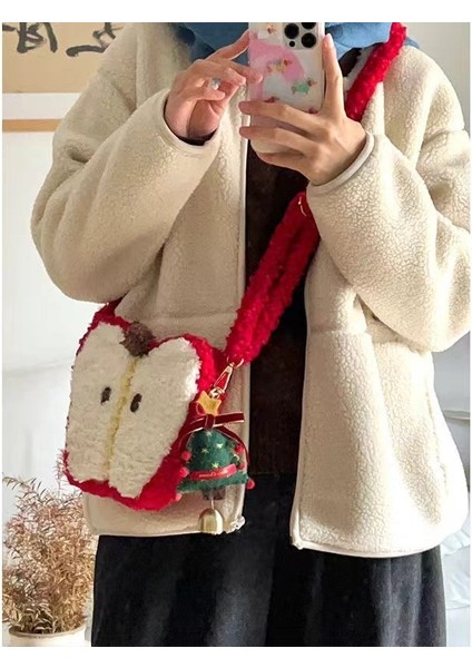 Niş Tasarım Noel Kuzu Yünü Elma Çantası, Peluş ve Sevimli Küçük Çanta, Çok Yönlü Çapraz Vücut Omuz Çantası (Yurt Dışından)