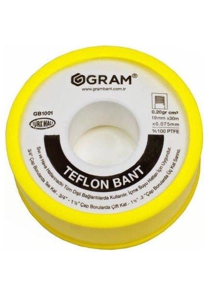 Teflon Bant Sızdırmazlık Bandı 19 mm x 30 mt 100 Adet - Yerli Üretim