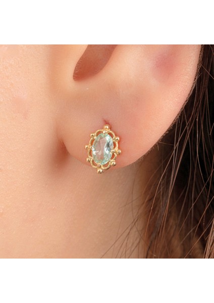 14 Ayar Altın Vintage Tasarım Green Topaz (Su Yeşili) Taşlı Küpe