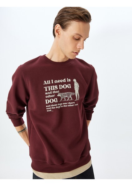 Bisiklet Yaka Şardonlu Pamuk Karışımlı Slogan Baskılı Sweatshirt