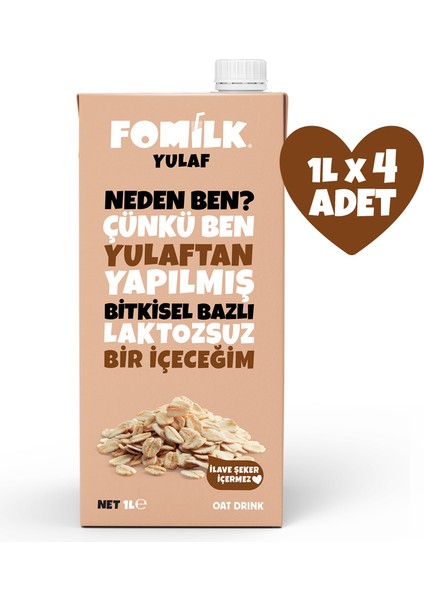 Yulaf Sütü 1 L X4 Bitkisel Bazlı Laktozsuz Vegan