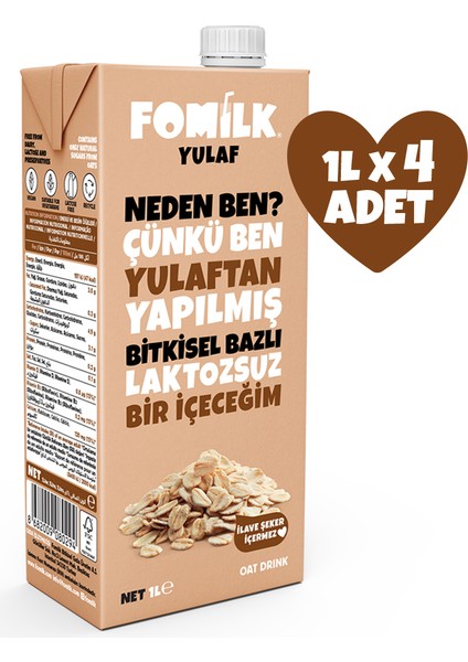 Yulaf Sütü 1 L X4 Bitkisel Bazlı Laktozsuz Vegan