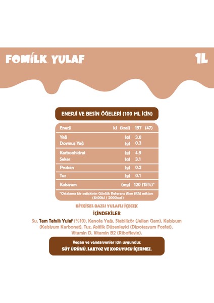 Yulaf Sütü 1 L X4 Bitkisel Bazlı Laktozsuz Vegan