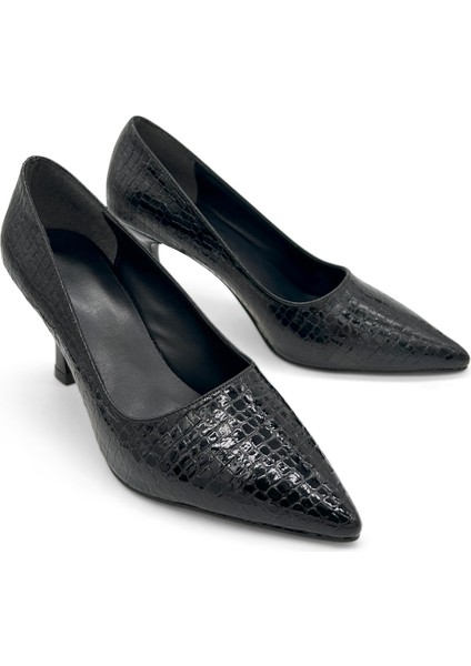 Siyah Yılan Derisi Desenli Stiletto Sivri Burun Kadın Topuklu Ayakkabı fiyatları