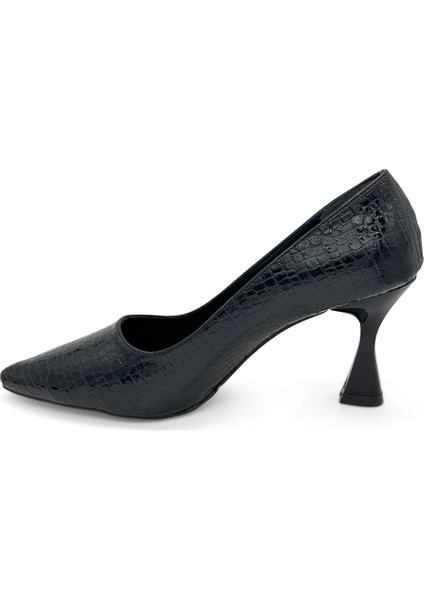 Siyah Yılan Derisi Desenli Stiletto Sivri Burun Kadın Topuklu Ayakkabı modelleri