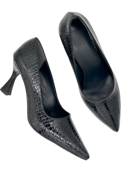 Siyah Yılan Derisi Desenli Stiletto Sivri Burun Kadın Topuklu Ayakkabı fırsatları