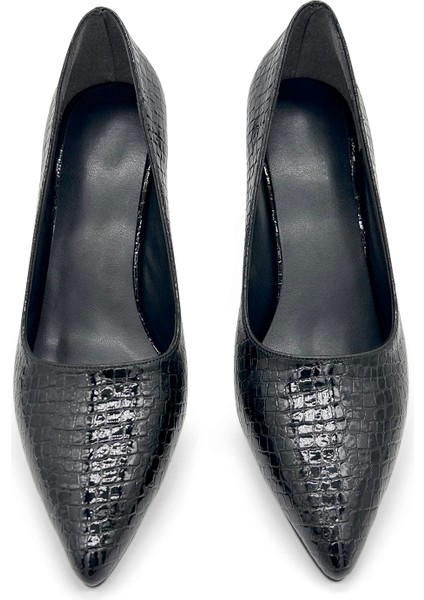 Siyah Yılan Derisi Desenli Stiletto Sivri Burun Kadın Topuklu Ayakkabı indirimleri