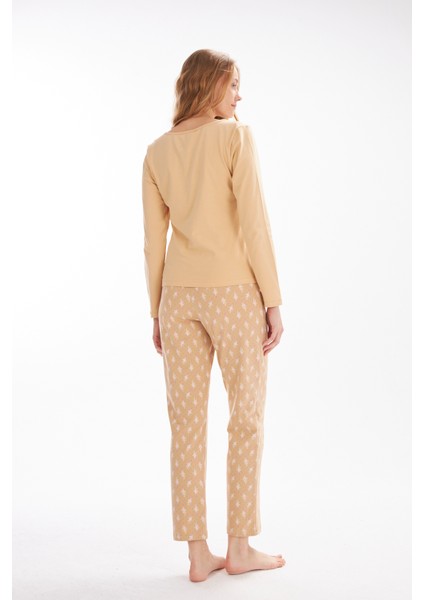 L40334W Yaprak Baskılı Kadın Pijama Takımı