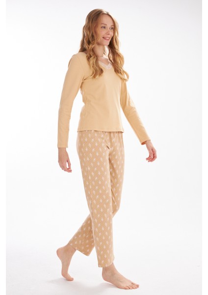 L40334W Yaprak Baskılı Kadın Pijama Takımı