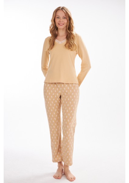 L40334W Yaprak Baskılı Kadın Pijama Takımı