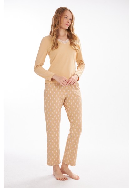 L40334W Yaprak Baskılı Kadın Pijama Takımı