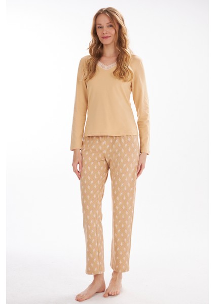 L40334W Yaprak Baskılı Kadın Pijama Takımı