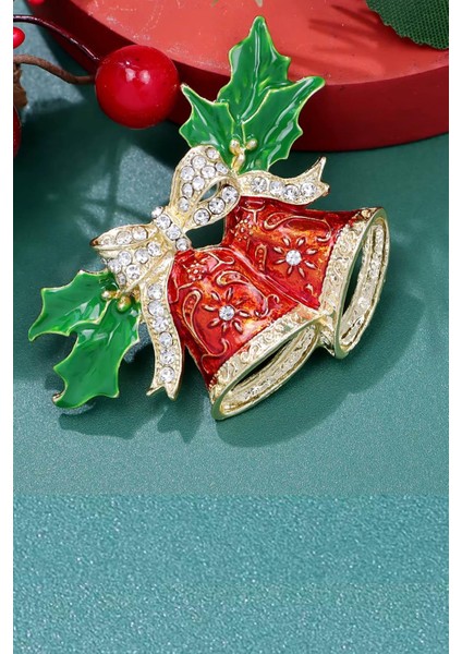 Yılbaşı Kırmızı Mineli ve Taşlı Çan Broş Yaka Iğnesi