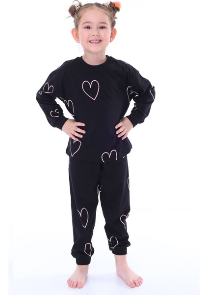 Kalp Desenli Siyah Kız Çocuk Pijama Takımı fiyatları