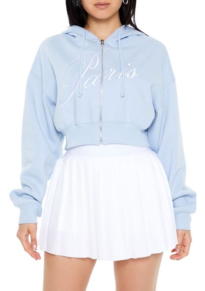 Nakışlı Paris Fermuarlı Kapüşonlu Sweatshirt