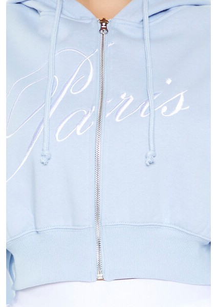 Nakışlı Paris Fermuarlı Kapüşonlu Sweatshirt